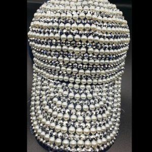 Pearl and Rhinestone Baseball Cap Hat Shiny Black Women